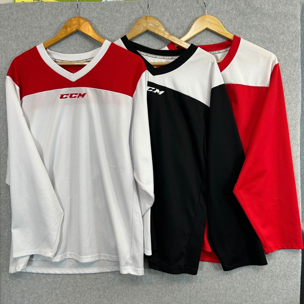 CCM Hockey Lot of 3 Practice Jersey White Red Black V-Neck Mens Size Small WORN